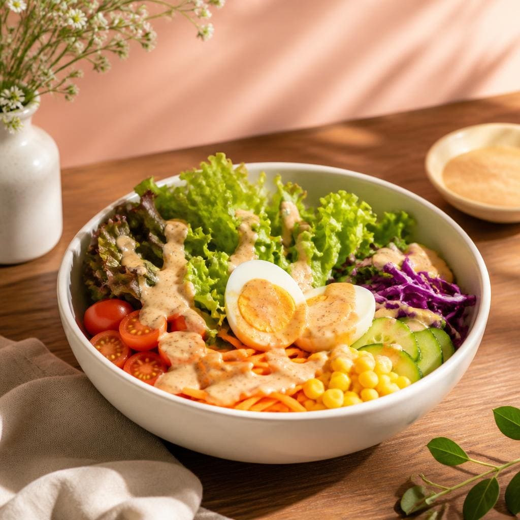 Huzarensla Salad Te Sate dengan sajian salad segar dan rasa ringan